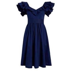 Hill House Ava Nap Dress Ruffle Sleeve Navy Cotton Poplin Midi smocked back